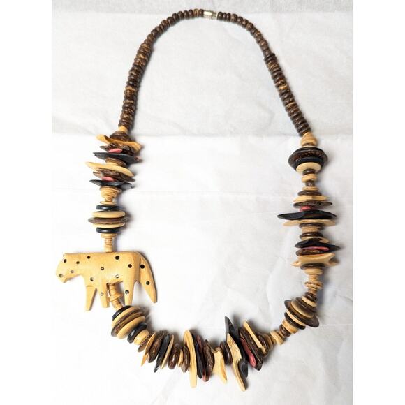Tribal Statement Bib Necklace FOLK ART WOOD SAFARI offset cheetah nut shell bead - Picture 6 of 6